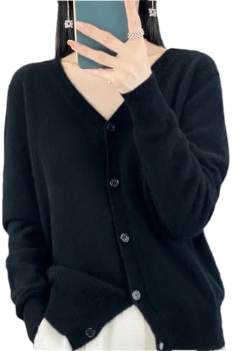 2024 Cardigan da donna in cashmere con scollo a V Basic sciolto lavorato a maglia a maniche lunghe maglione cardigan, Nero , L