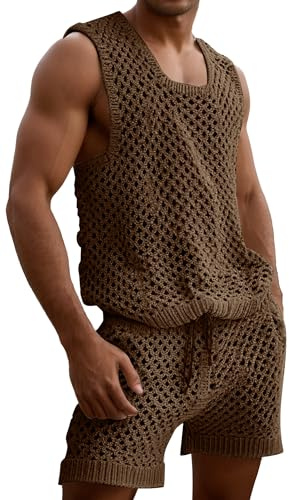 AIEOE Ensemble gilet et short en crochet pour homme - Survêtement 2 pièces - Short et débardeur en tricot - Tenue d'été sans manches - Short avec cordon de serrage