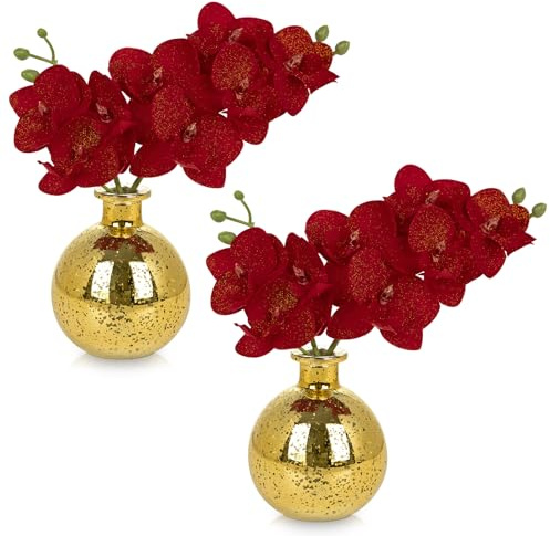 2 orchidee artificiali rosse con vaso di vetro dorato, pianta artificiale, orchidee, fiori artificiali in vaso con fiori reali, orchidee, finte, bonsai artificiali, per hotel, soggiorno, ufficio