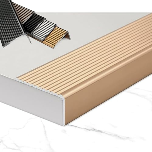 Protector de borde de escalera en forma de L de 90 cm, perfil de esquina de aluminio para escalones, impermeable, acabado dorado, 0,9 m de largo x 10 cm de ancho, solución de seguridad antideslizante