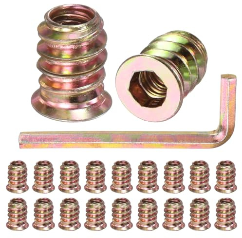M METERXITY 20-Pack Threaded Inserts for Wood, M5x12mm Hex Drive Threaded Insert Nuts with a Wrench for Wood Furniture, Threaded Screw-in Nuts [Gold Tone]