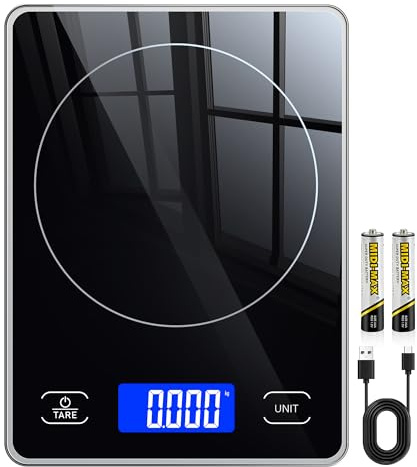 Küchenwaage Digital mit 15 kg Tragkraft, 5 Einheiten in g/ml/fl'oz, Präzise Waage Küche mit Großem Display, Dual Power (USB-C/Batterie), 1g Hochpräzise, Tara, Sicherheitsglas für Backen, Kochen