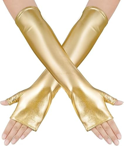 Oro Guanti Lunghi Senza Dita Pelle, Guanti Lunghi Metallizzati, Guantis Mezze Dita Pelle Lucida Lunghis, Guantii Senza Dita in Pelles Donna, Guantis Pelles Lunghis Senza Dita per Carnevale Mascherata