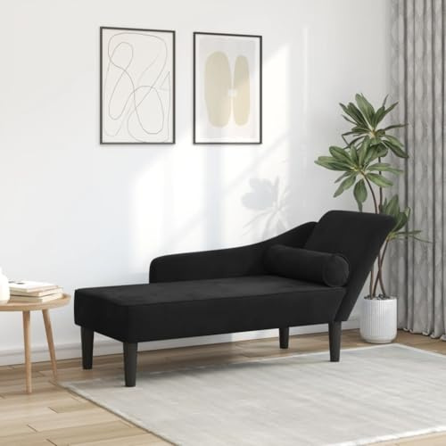 toolkix Chaiselong i sammet, svart med kudde, 141 x 55,5 x 66,5 cm, avslappningsstol, vardagsrum, recamiere-soffa, sovfåtölj, ottomansoffa, XXL fåtölj, bäddsoffa, komfort