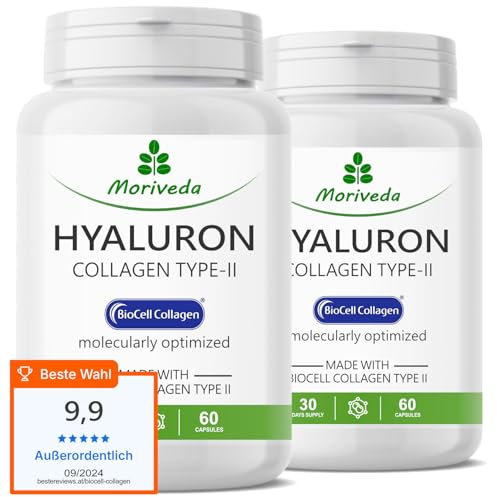 BioCell Collagen Kapseln - 2 Monate Vorrat - mit Collagen Type-II Hyaluronsäure und Chondroitinsulfat - hohe Bioverfügbarkeit für Haut Haare & Gelenke - von MoriVeda - 2 x 60 Kapseln