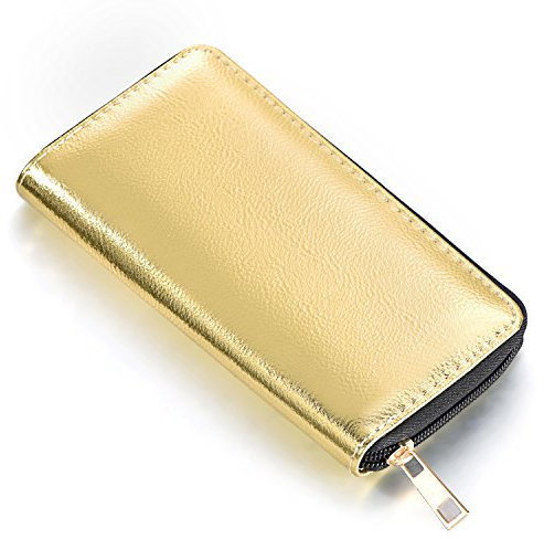Damen Geldbörse weich im Metallic-Look mit Reißverschluss Portemonnaie in Gold 20 x 10 x 2,5 cm