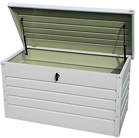 DKIEI 360L Metal Garden Storage Box Waterproof Outdoor Storage Container Furniture Deck Box Outdoor Storage Bench with Lockable Lid for Patio Cushions Tools and Pool Toys White