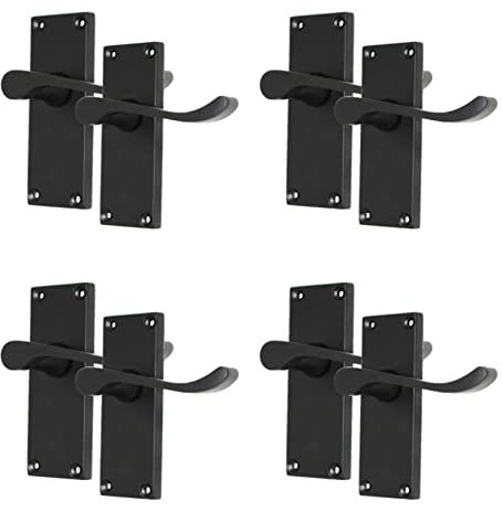 Haven Heritage Door Handles Victorian Scroll Lever Latch in Matt Black - Back Plate Size 118 mm x 40mm. Internal Sold in Pairs (4)