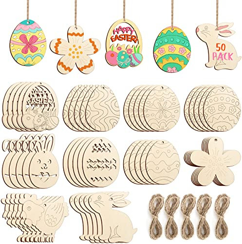 Hinsly 50 Stück Holzanhänger Ostern Basteln Kinder Unvollendete Ostereier Hasen Huhn Blume für zum aufhängen Osterdeko Holz