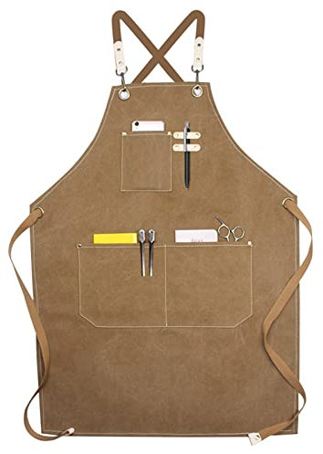 Tablier de Travail Durable, Hommes Outil Tablier de Cuisine Sangle Ajustable Toile avec 4 Poches, Tablier d'Atelier de Menuiserie pour Barbeque Baker Menuiserie Tatoueur Barber Barman Peintre - Kaki