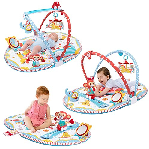 Yookidoo Circus Baby Playmat Gym. with Musical Motorized Mobile, Tummy Time Pillow, Mirror, and Newborn Textured Animal Figures. Infant Activity for 0-12 Month