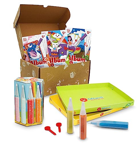 Sabbiarelli Sand-it For Fun – Box Fantastiska Världar 5+ | Kit med Sand Art 100% Made in Italy med färgad sand, självhäftande motiv och tillbehör | Födelsedagspresent för barn 5-12 år