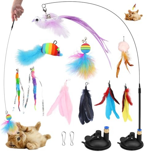 Interaktives Katzenspielzeug Angel mit Feder- Intelligenz Spielzeug für Katzen 16 STK Katzenspielzeug Selbstbeschäftigung Cat Toys,Federspielzeug mit Saugnapf für Kitten Katzen,2 Interaktive Modi