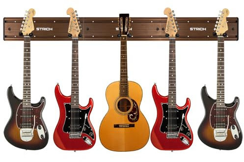 STRICH Guitar Wall Mount Hangers - Holds 5 Guitars, Walnut Wood Grain, Strong Aluminum Metal Stand Rack, Adjustable Display Set, SMH-05W