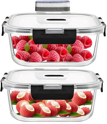 IUGHN 520ml Glass Containers with Lids, Set of Two, Glass Clear Food Containers with Lids, Comes with 4 Buckle Food Containers with Lids+Cleaning Sponge 1pce, Suitable Meal Prep Containers Glass