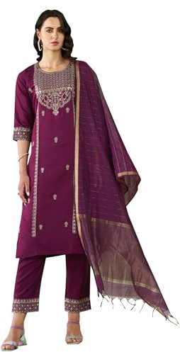 VredeVogel Ensemble Kurta brodé en viscose rayonne avec pantalon et chanderi en soie pour femme, Violet, M