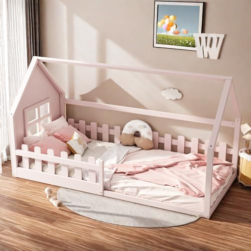 Sapgaks lit et cabane pour enfant, lit multifonction 90 x 200 cm, protection anti-chute avec toit et fenêtre, rose