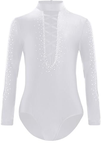 Xnihocha Turnanzug Jungen Ballett Trikot Langarm Strass Gymnastikanzug Tanzbody Slim Fit Hemdbody Latein Tanzkostüm Weiß 146-152