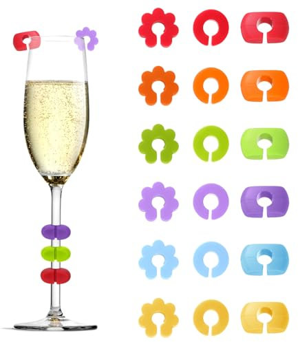 Lot de 18 marqueurs de verre réutilisables en silicone pour verres à vin, verres à champagne, verres à martini et tasses - Marqueur de verre coloré pour fêtes, événements et barbiers, 20 x 20 mm/23 x