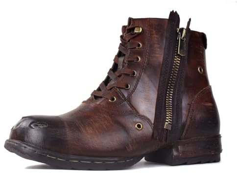 OSSTONE Botas de Motocicleta para Hombre Vintage Metal Marrón Oscuro Tobillo Caminar Moda Cordón-Up Cuero Chukka Botas Hombre Zapatos Casual OS-5008-8-Metal-Brown, US10(EU43)