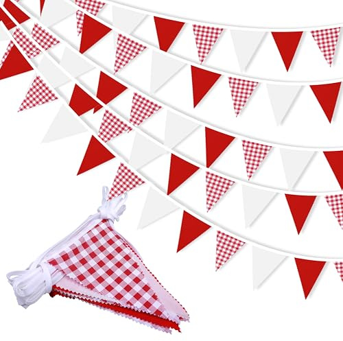 33 ft Red Plaid Checkered White Pennant Banner,Flag Triangle Bunting Garland Decor,Hanging Triangle Banner,for Betrothal Day, Wedding,Birthday,Baby Shower,Graduation,Christmas(White Red Plaid Banner)