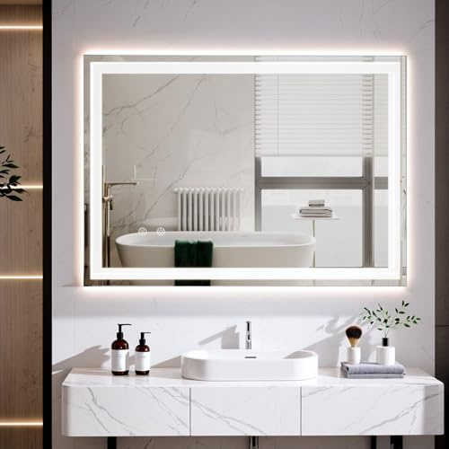 Clevich Bathroom Mirror with LED Lights 50x70/60x80/60x100cm, Anti-Fog, Wall Mounted Vanity Mirror with Memory, 3 Colour Dimmable, Touch Control, Explosion-Proof Glass, IP44 Waterproof (50L x 70W cm)