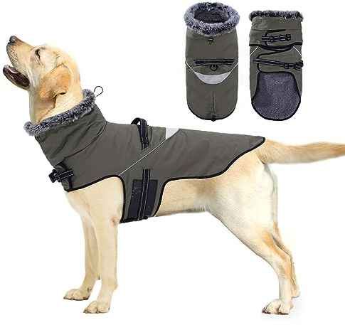 PAWIVID Manteau d'hiver Imperméable pour Chien–Veste Chaude et Réfléchissante et Boucle de Traction pour Chiens de Petite, Moyenne et Grande Taille Camping et Randonnée en Plein (Gris-Brun, M)
