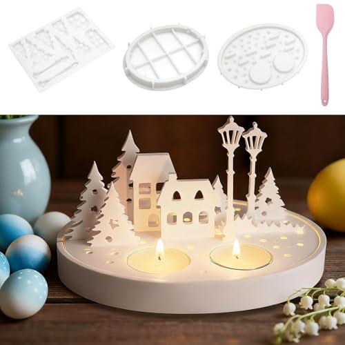Stampi in silicone per case natalizie, Set portacandele con lampione, case, alberi e spatola, stampo casa in silicone per gesso, resina, cera, cemento, decorazioni di Natale fai-da-te