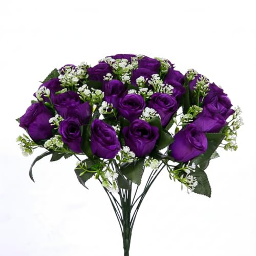 A1-Homes Artificial Silk Rose Bush with Gyp & Foliage 24 Flower Heads- Wedding Grave Home Decoration (2, Purple)