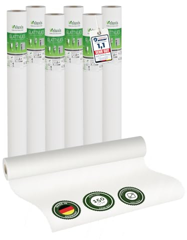 Veluxis® Vlies mural Premium – toile lisse recouvrable, anti-fissures et stable, idéale comme sous-couche avant peinture (lot de 6 rouleaux blancs, 25,00 m x 1,00 m – 150 g/m²)