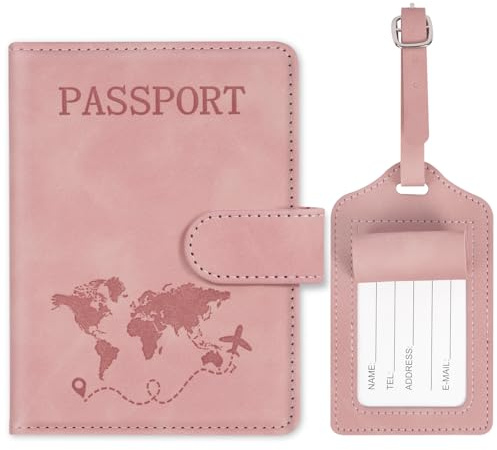 AOOTE Protege Passeport et Etiquette Valise Set,Protège Passeport avec Bloqueur RFID,Étui de Passeports en Cuir PU et Étiquette de Bagage pour Passeports, Cartes,Documents de Voyage(Rose)