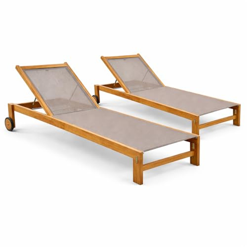 TEMPO STYLE Set 2 Lettini Prendisole in Legno Teak con Ruote JAVA | Sdraio Giardino Reclinabile 4 Posizioni con Tela Traspirante | Lettini Piscina Outdoor Premium | (Grigio)