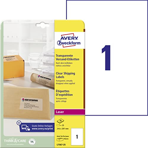 AVERY Zweckform L7567-25 Versandetiketten/ Versandaufkleber (25 Etiketten, 210 x 297mm auf A4, bedruckbar, selbstklebend, für Pakete, Päckchen und Versandrollen) 25 Blatt, transparent