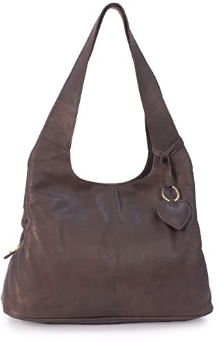 Gigi - Ladies Medium Leather Shoulder Bag - Tote Handbag With Multiple Compartments - With Heart Keyring Charm - Othello 4326 - Dark Brown