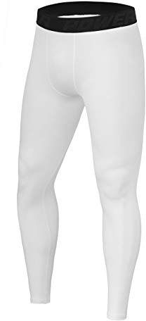 PowerLayer Men's Running Workout Thermal Compression Base Layer Leggings Tights - Bright White, S