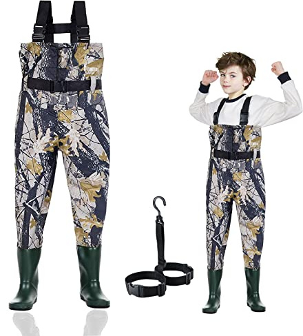 Ouzong Kids Chest Waders for Toddler Children Waterproof Youth Fishing Waders for Boys Girls Neoprene Hunting Waders with Insulated Boots(Camo,4-5T)