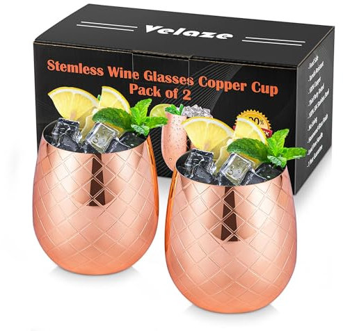 Velaze Kupfer-Edelstahlglas, Kupferbecher, Edelstahl 304, für Cocktail/Eisgetränke, bruchsicheres Becher-Set mit exquisitem Motiv, 2-teilig, für Weihnachten und Party