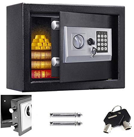 Wasserdichte Tresor Klein Elektronischer Safe mit Zahlenschloss - 2 Notschlüssel Codeschloss Minisafe Wandtresor Minitresor Stahlsafe Möbeltresor 23 x 17 x 17cm