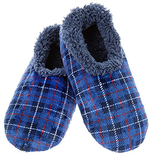 Snoozies! Men's Velour Fleece Lined Men’s House Slippers - Super Soft with Non-Slip Sole - sizes from 6-11 (Blue, medium)
