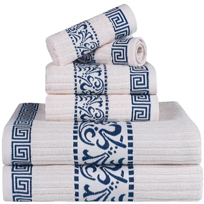 SUPERIOR Juego de toallas decorativas de 6 piezas con patrón griego, algodón absorbente de primera calidad, decoración para baño, spa, incluye 2 toallas de mano, 2 caras y 2 toallas de baño, artículos