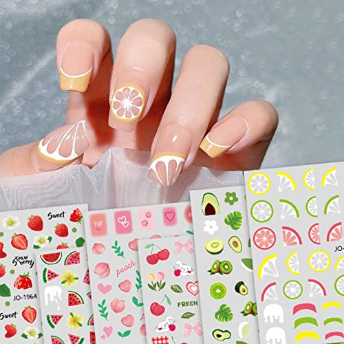 RUNRAYAY 6 hoja de Arte de Uñas de Verano Pegatina, Calcomanías Autoadhesivas para Uñas de Frutas con Limón, Sandía, Fresa, Puntas de Manicura, Decoración de Uñas
