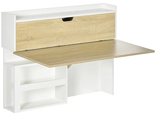 HOMCOM Scrivania a Muro Pieghevole e Salvaspazio con Ripiani, per Studio, Soggiorno e Ufficio, in Truciolato, 100x18x74 cm, Bianco e color Legno