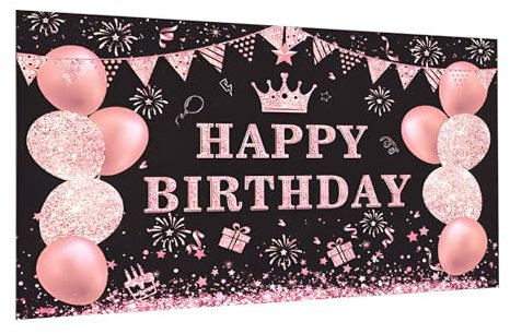 Schwarz Rosa Geburtstag Banner - Happy Birthday Party Dekoration, Hintergrund Banner Deko für Frau, Männer, Mädchen, Jungen - 180x110cm