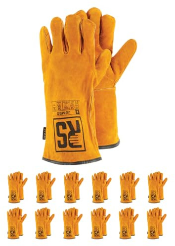 RS JUMBO Schweißerhandschuh Montage-Handschuhe aus Rindsleder mit Kevlar Nähten/Größe 10, 12 Paar/Gelb/Montagehandschuhe/Arbeitshandschuhe Leder/Robuste Lederhandschuhe Schutzhandschuhe