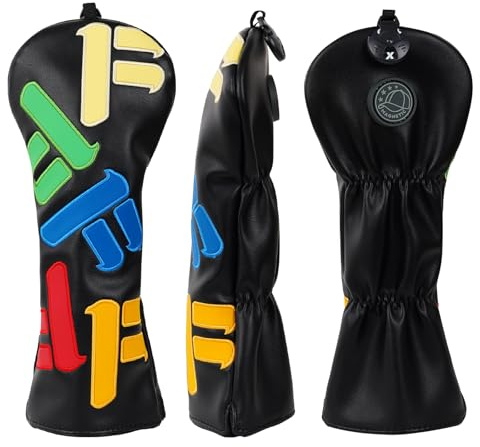 Cubiertas para cabeza de palo de golf Fairway Wood FW con etiqueta de número intercambiable 3457X, cierre elástico, piel sintética negra, texto multicolor