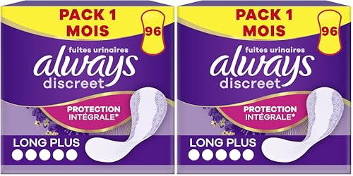 Always Discreet, 96 Protège-Slips Incontinence Femme, Long Plus, Protection Intégrale pour Fuites Urinaires Très Légères, Pack 1 Mois