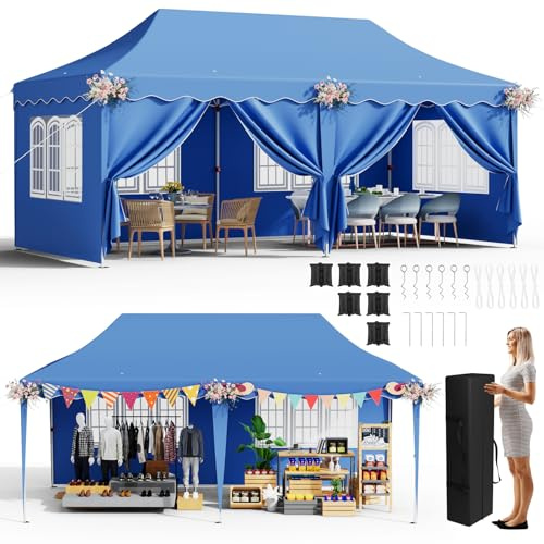 Vikbar paviljong 3 x 6 paviljong vattentät stabil, vikbart trädgårdstält 3 x 6 med 4 sidoväggar, UV-skydd 50 festtält med 12 jordkrokar, 6 rep och 6 sandsäckar, trädgårdspaviljong för marknad,