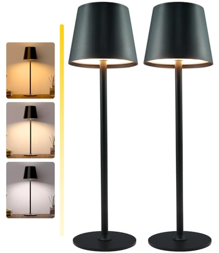 Aiandcc Rechargeable Lamps Full Metal Set of 2, Rechargeable Table Lamps UK with 3 Color Modes, 5200mAh Battery Operated Lamp, Touch Control Wireless Lamp Indoor and Outdoor IP54 Waterproof (Black)