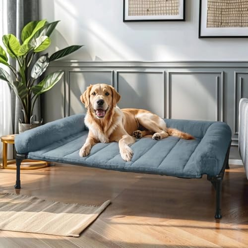 Veehoo Elevated Dog Bed with Removable Bolster - Fluffy Raised Pet Cot with Cushion, No-Slip Feet for Indoor Outdoor Use, Haze Blue 107 x 76 x 18 cm