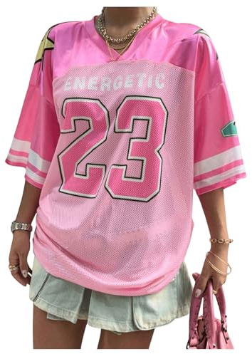 GORGLITTER Women's Football Jersey Y2k Loose Off Campus Summer Festival Top | Letter Graphic Tee, V Neck, Half Sleeve, Baseball Jersey, Sport, Going Out, Party, Streetwear, T Shirts